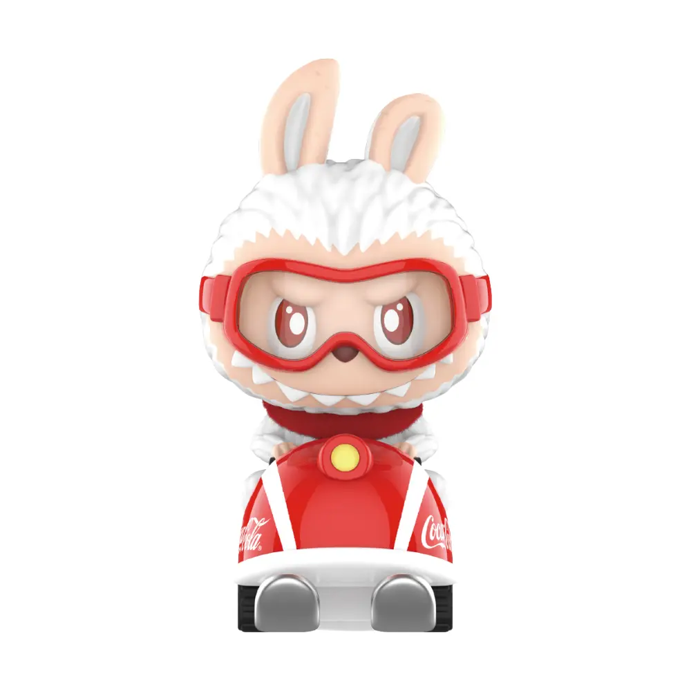 Figurine Labubu Coca-Cola en combinaison de course rouge sur scooter – édition spéciale Pop Mart