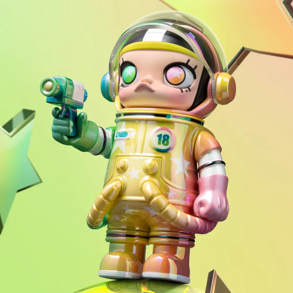 Figurine MEGA SPACE MOLLY 100% Série 3 en combinaison dorée avec pistolet spatial – POP MART